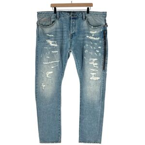 Cult‎ of Individuality Rebel Straight Distressed Light Blue Jeans Zipper Size 44
